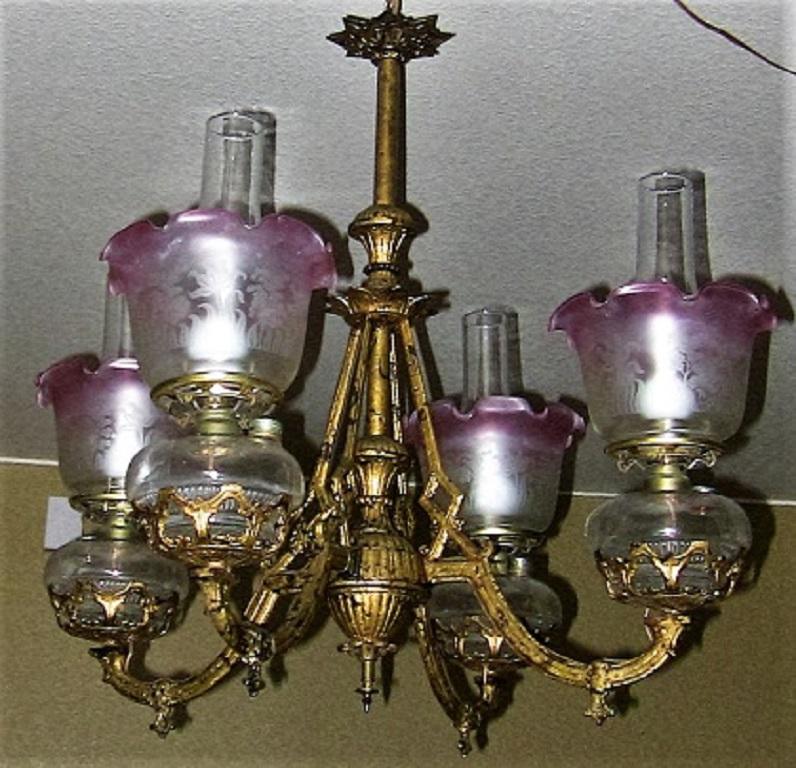 Cast 19th Century Pair of Bradley and Hubbard Gold Leaf Four-Arm Chandeliers