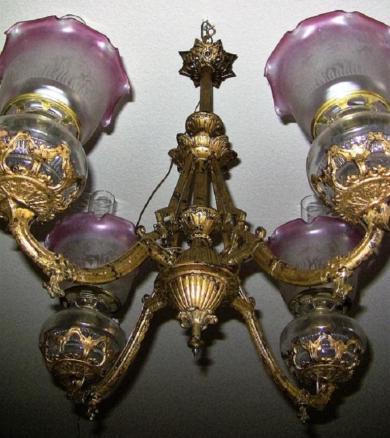 Ormolu 19th Century Pair of Bradley and Hubbard Gold Leaf Four-Arm Chandeliers