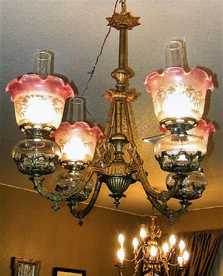 19th Century Pair of Bradley and Hubbard Gold Leaf Four-Arm Chandeliers 1