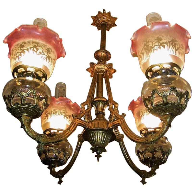 19th Century Pair of Bradley and Hubbard Gold Leaf Four-Arm Chandeliers