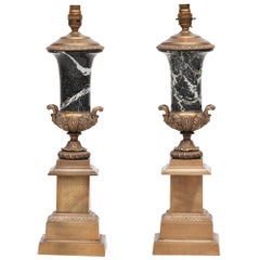 19th Century Pair of Brass and Marble Table Lamps