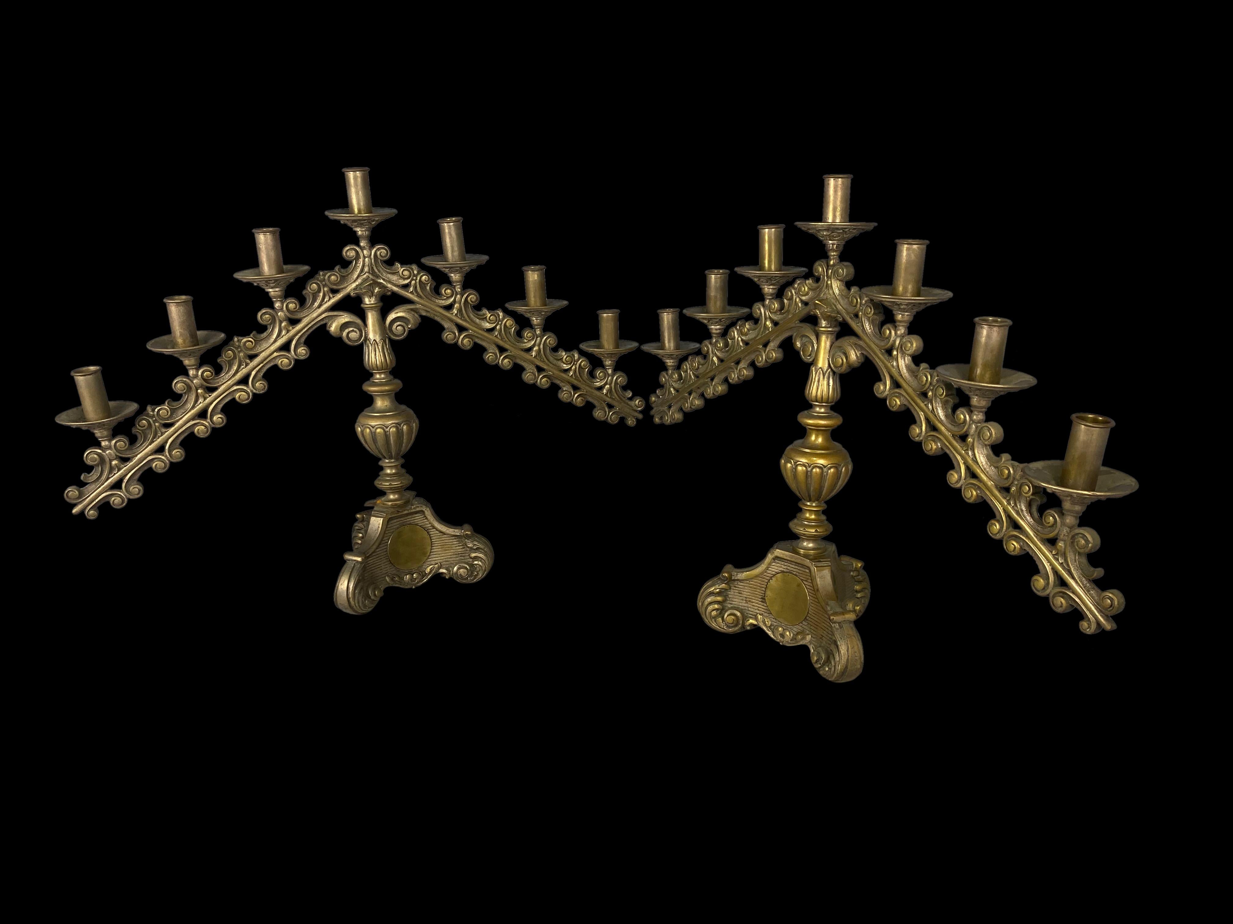 Neoclassical 19th Century Pair of Brass Church Candelabras For Sale