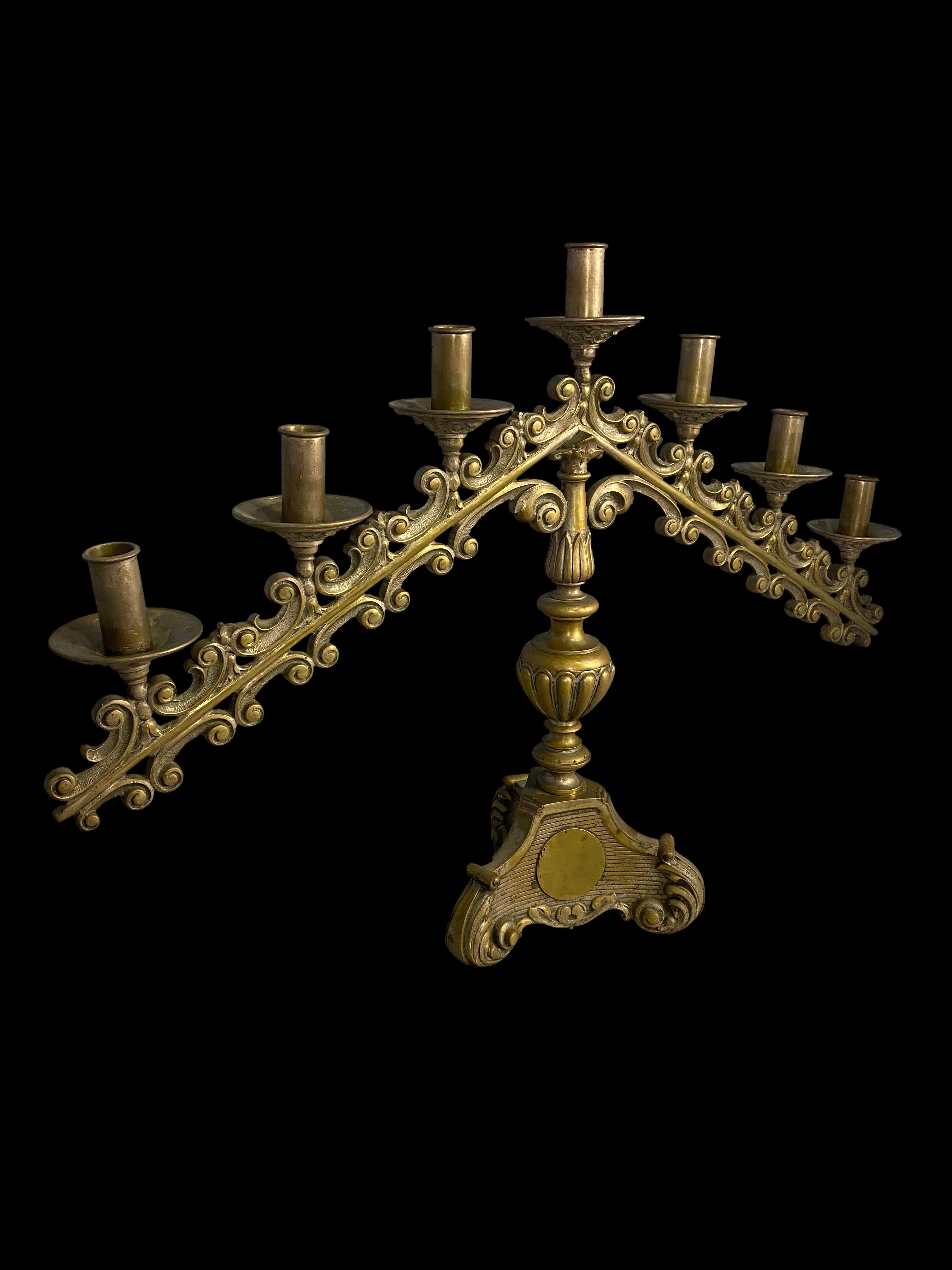 Gilt 19th Century Pair of Brass Church Candelabras For Sale