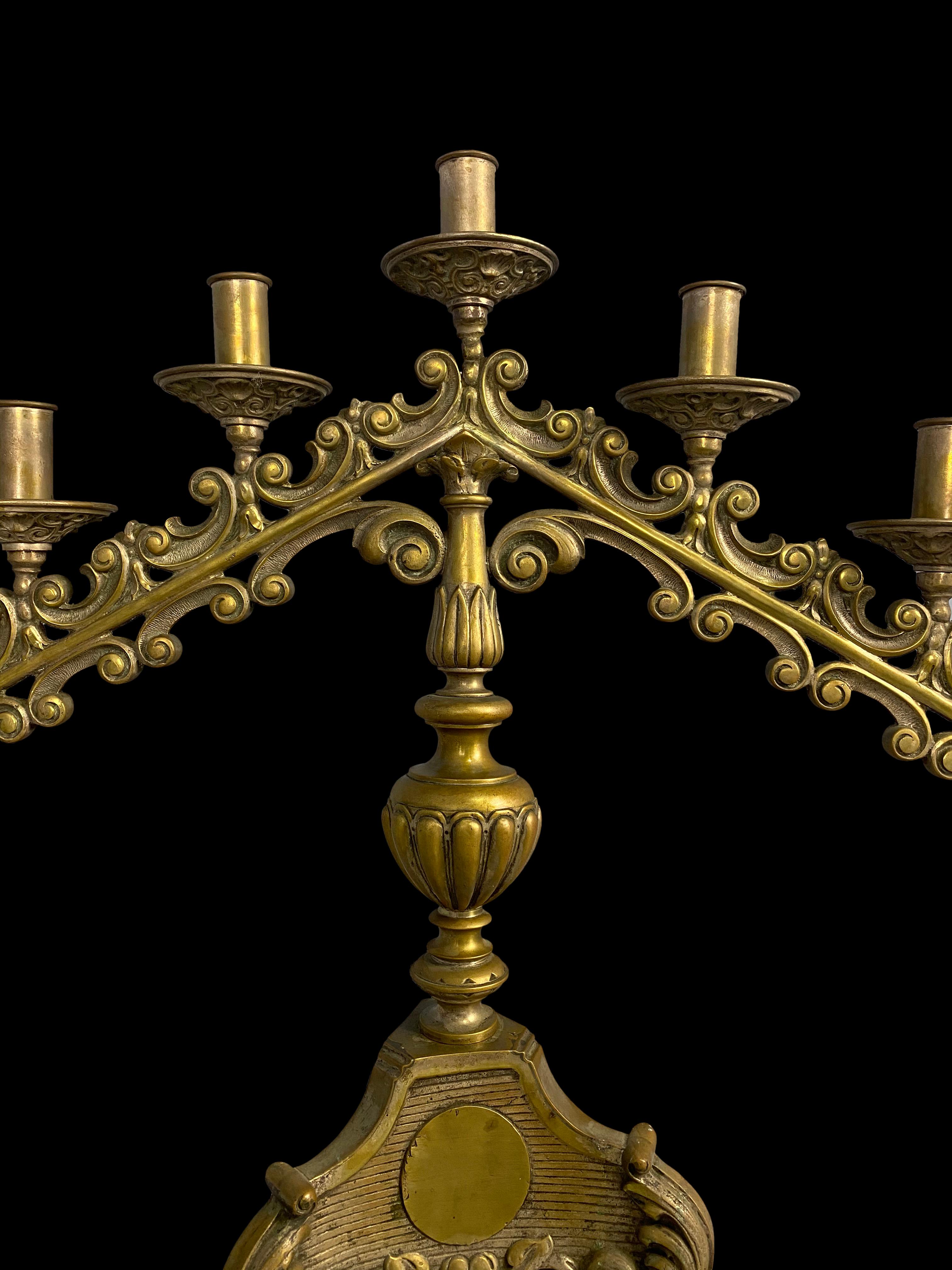 19th Century Pair of Brass Church Candelabras For Sale 1