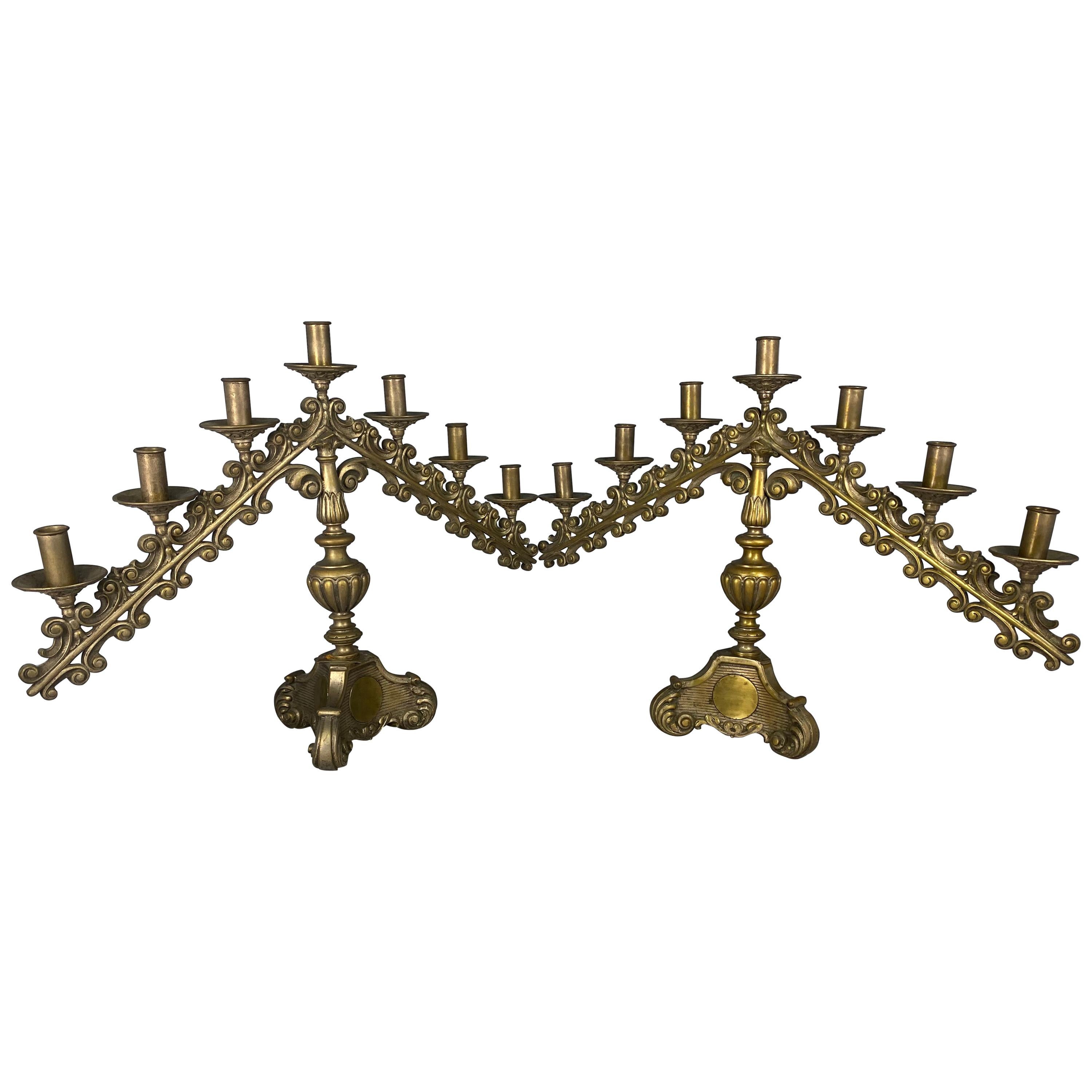19th Century Pair of Brass Church Candelabras For Sale