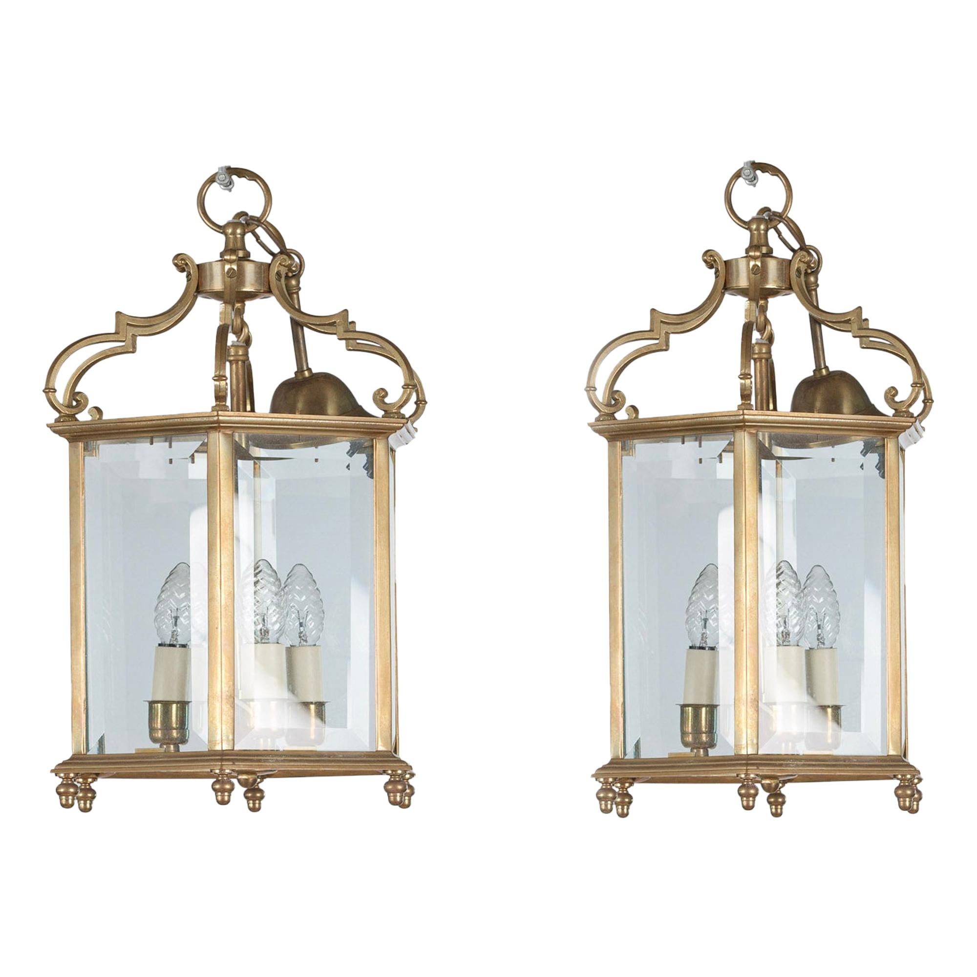 19th Century Pair of Brass Hexagonal Lanterns