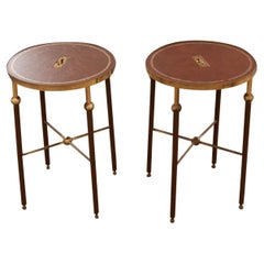 Antique 19th Century Pair of Brass & Leather Tables