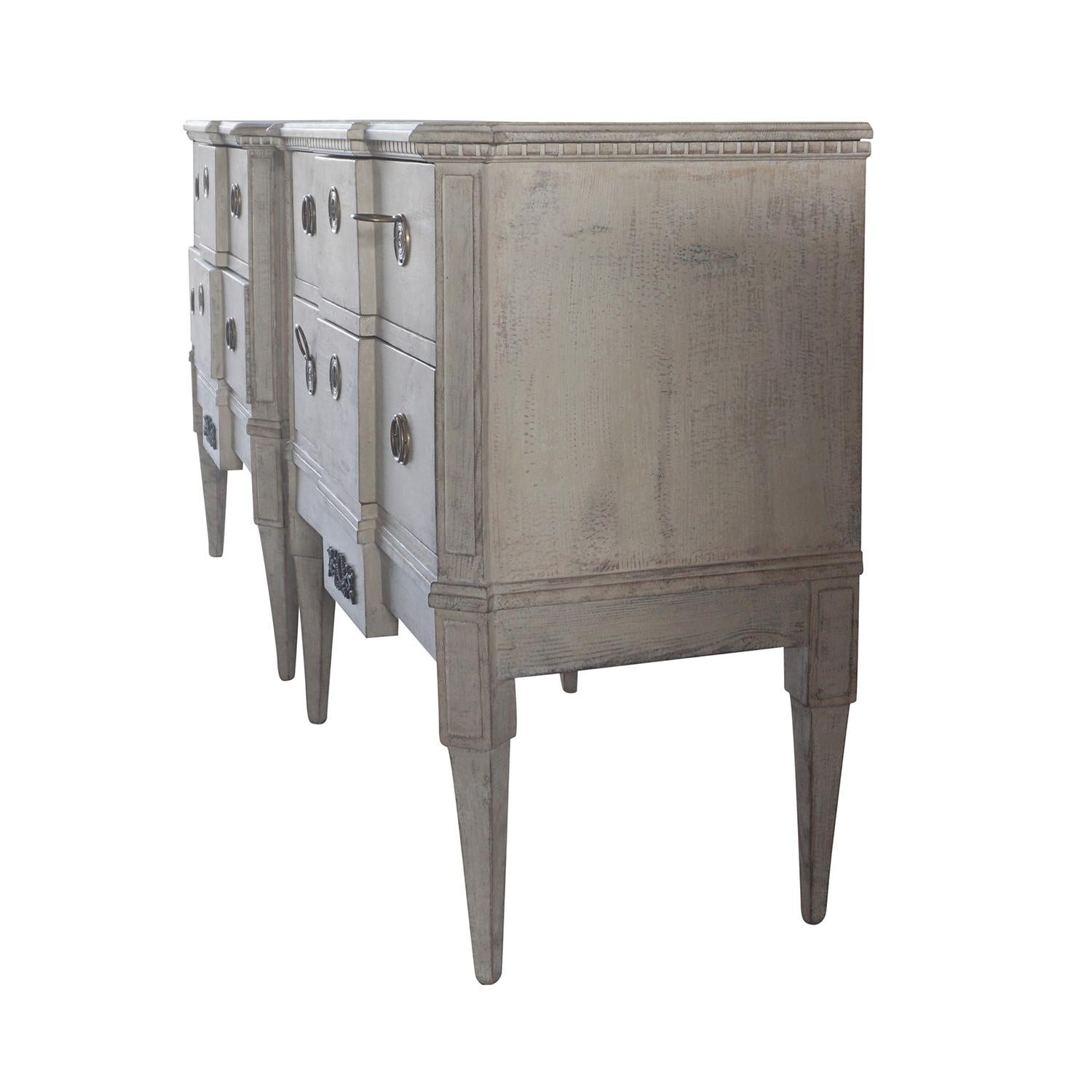 Hand-Carved 19th Century Swedish Gustavian Pinewood Pair of Breakfront Neoclassical Commodes