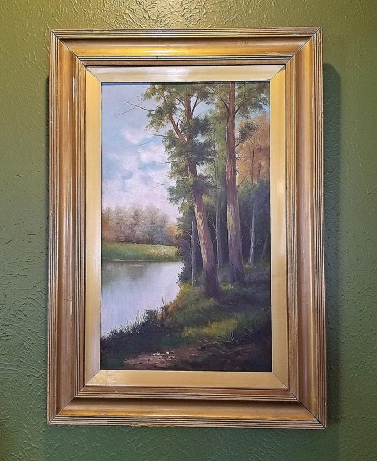 Coppia di oli britannici su tela del XIX secolo raffiguranti scene di fiume e foresta in vendita 3