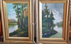 19th Century Pair of British Oils on Canvas of River and Forest Scenes