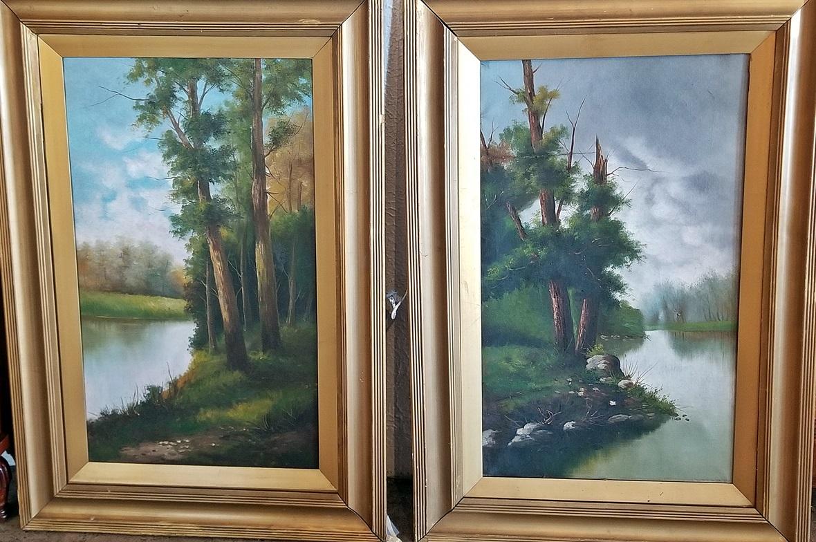 Pieno vittoriano Coppia di oli britannici su tela del XIX secolo raffiguranti scene di fiume e foresta in vendita