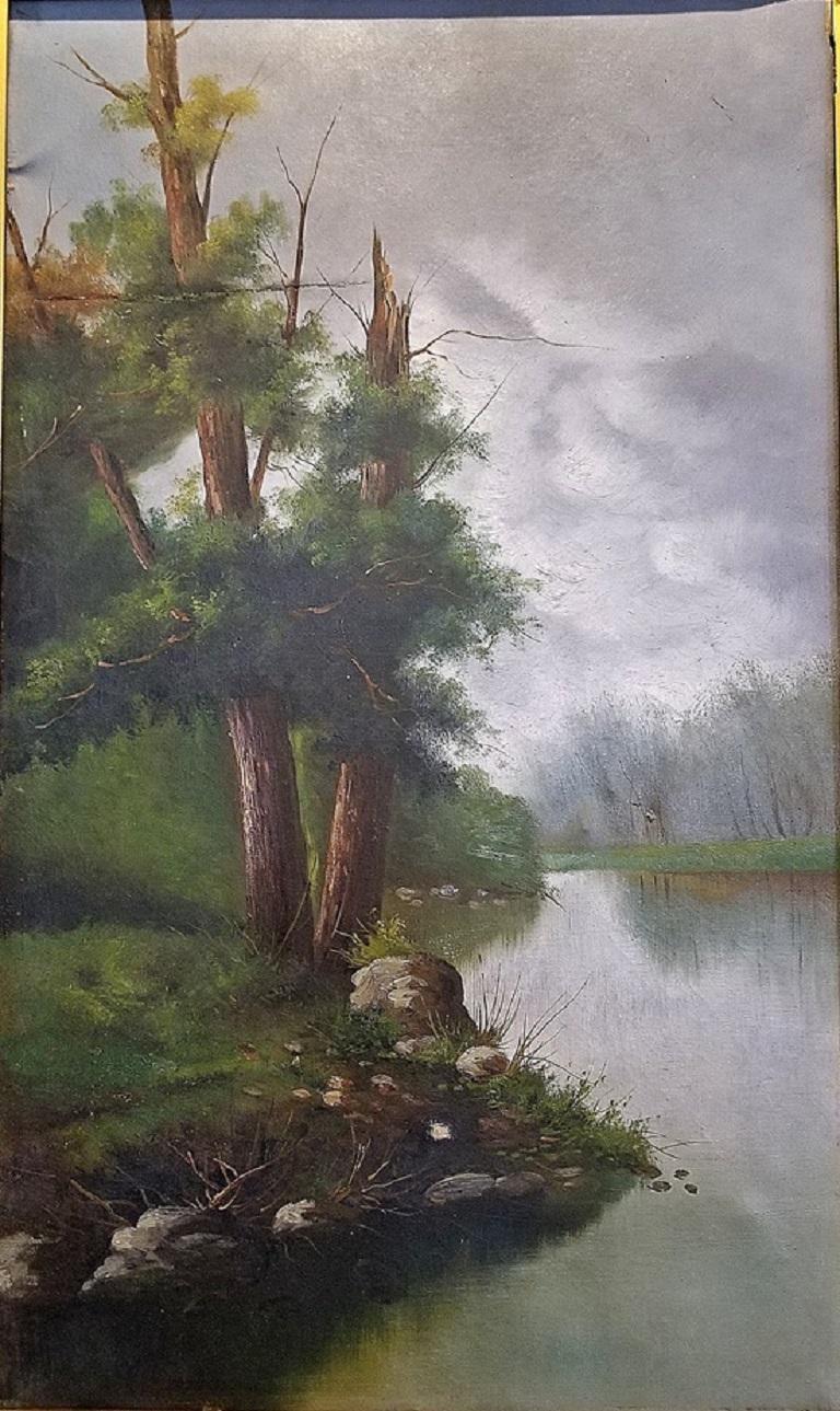 Hand-Painted 19th Century Pair of British Oils on Canvas of River and Forest Scenes For Sale