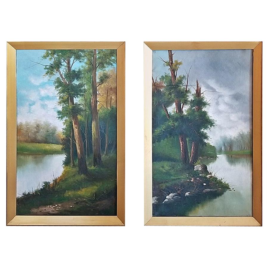 Paire d'huiles sur toile britanniques du 19ème siècle représentant des scènes de rivière et de forêt