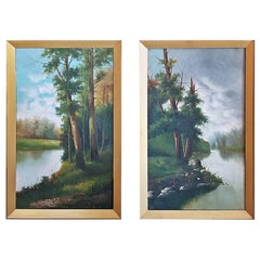 Antique 19th Century Pair of British Oils on Canvas of River and Forest Scenes