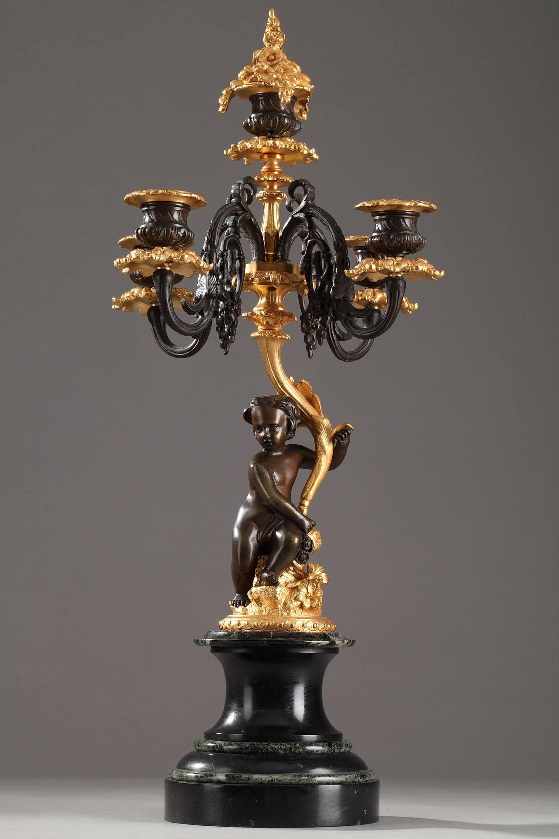 French 19th Century Pair of Bronze Candelabra with Putti