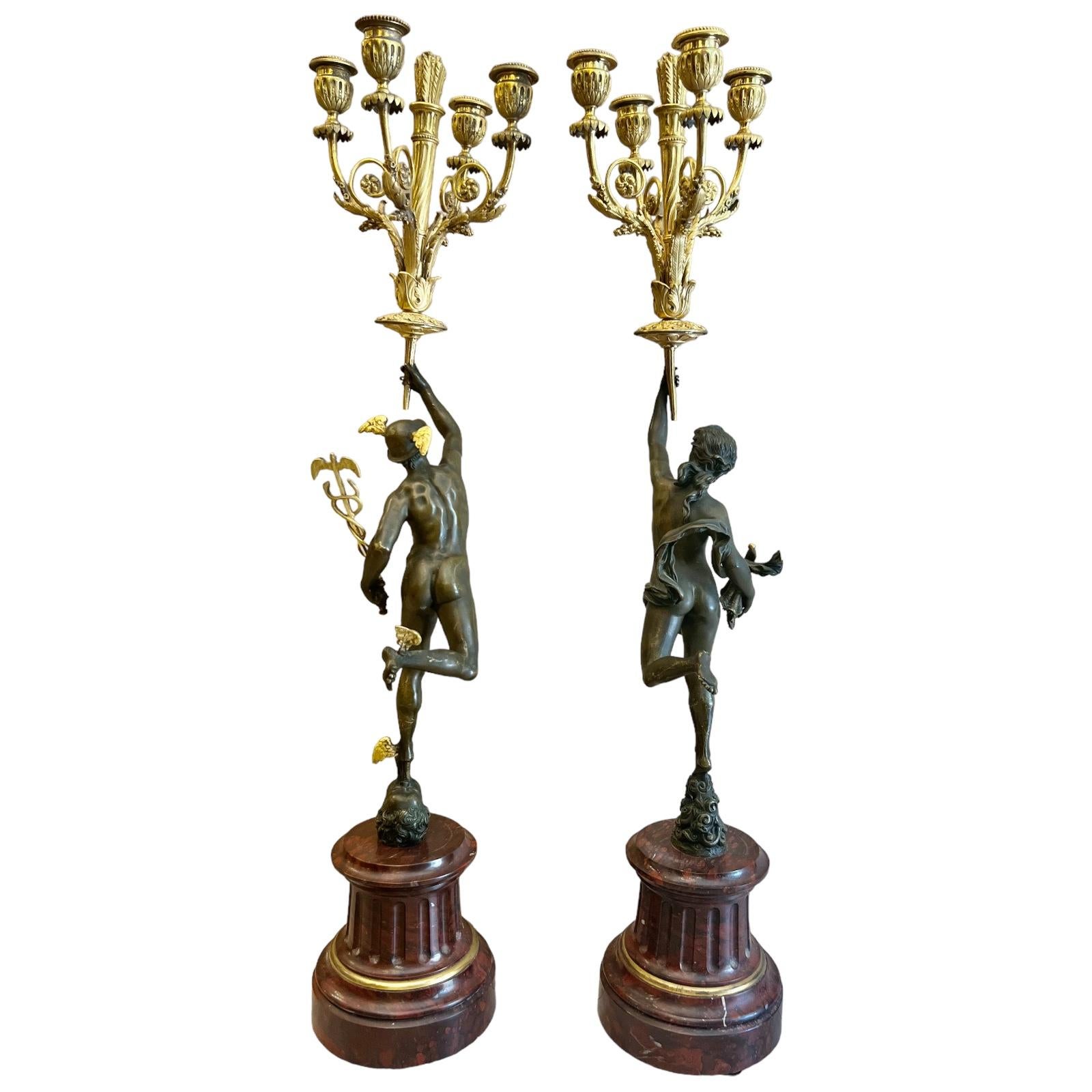 Paar Bronze-Kerzenständer „Hermes und Diana“ aus dem 19. Jahrhundert auf einem Marmorsockel  im Angebot 6