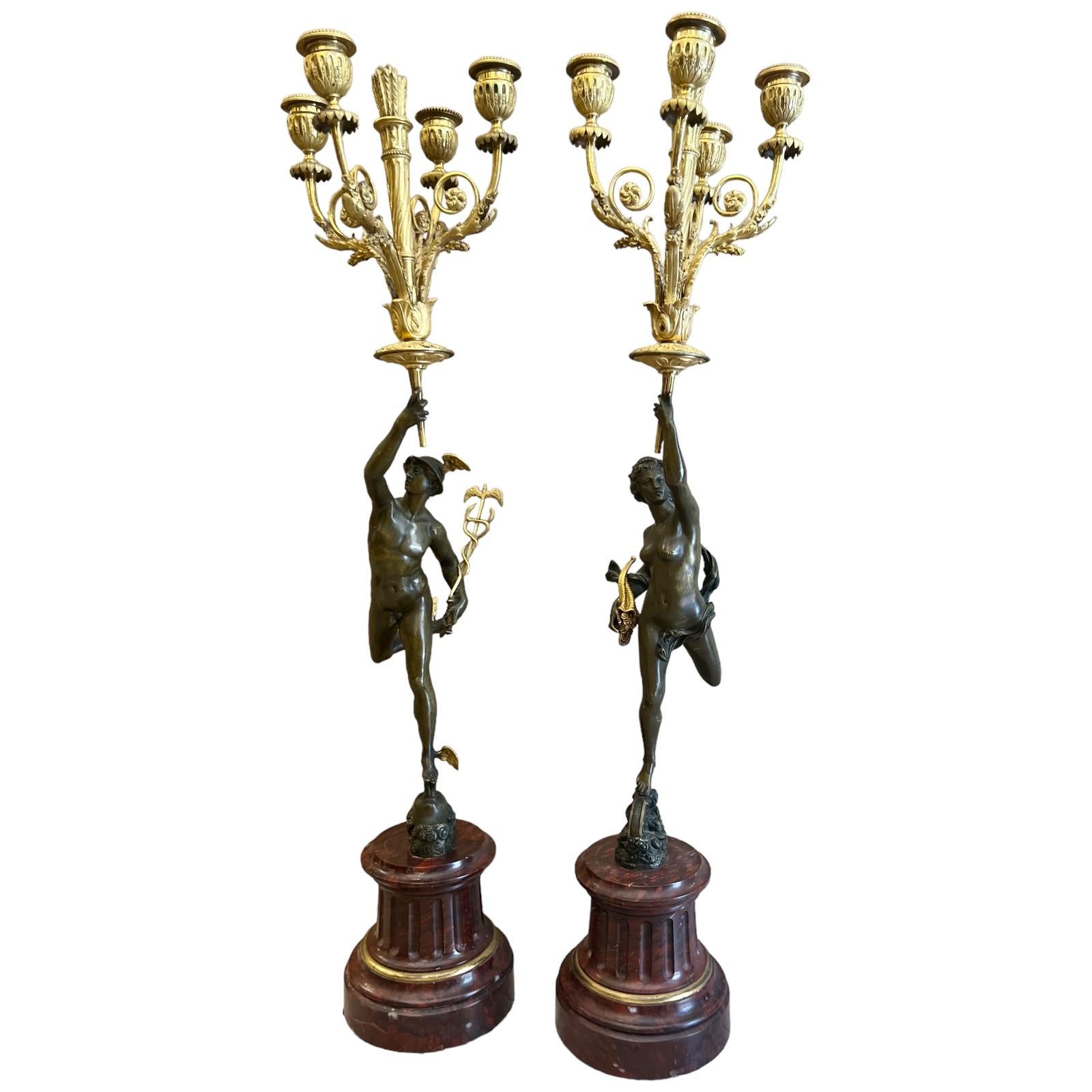 Paar Bronze-Kerzenständer „Hermes und Diana“ aus dem 19. Jahrhundert auf einem Marmorsockel  im Angebot 7