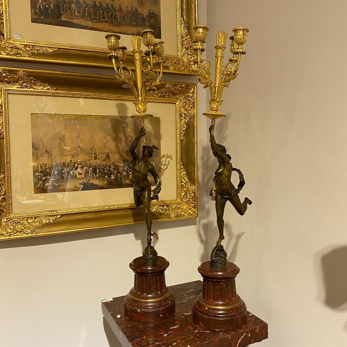Paar Bronze-Kerzenständer „Hermes und Diana“ aus dem 19. Jahrhundert auf einem Marmorsockel  (Napoleon III.) im Angebot