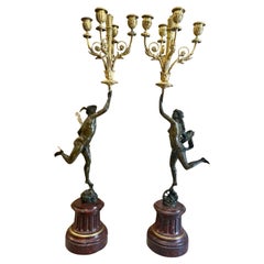 19th Century Pair of Bronze Candlestick "Hermes and Diana" on a Marble Base 