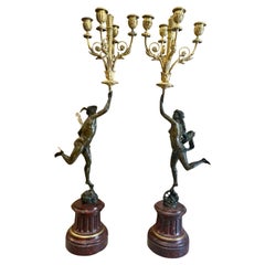 Antique 19th Century Pair of Bronze Candlestick "Hermes and Diana" on a Marble Base 