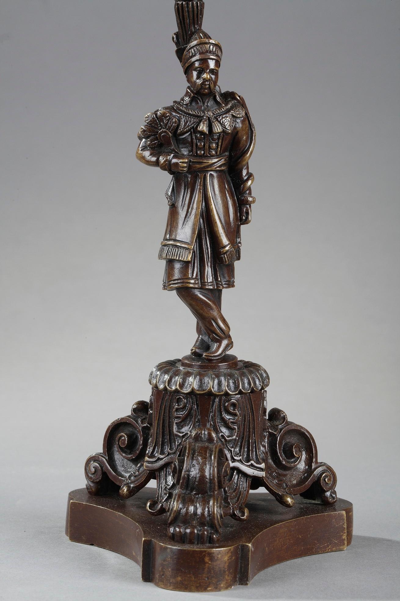 French 19th Century Pair of Bronze Candlesticks in Chinese Taste