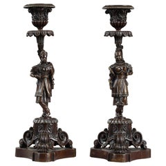 19th Century Pair of Bronze Candlesticks in Chinese Taste