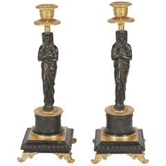 19th Century Pair of Bronze Egyptian Motif Candlesticks