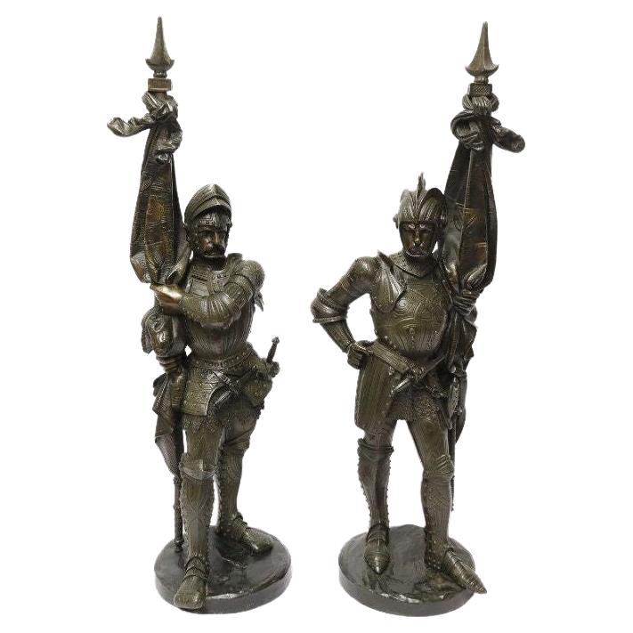 Pair of 19th Century French Bronze Statues of Knights For Sale at 1stDibs