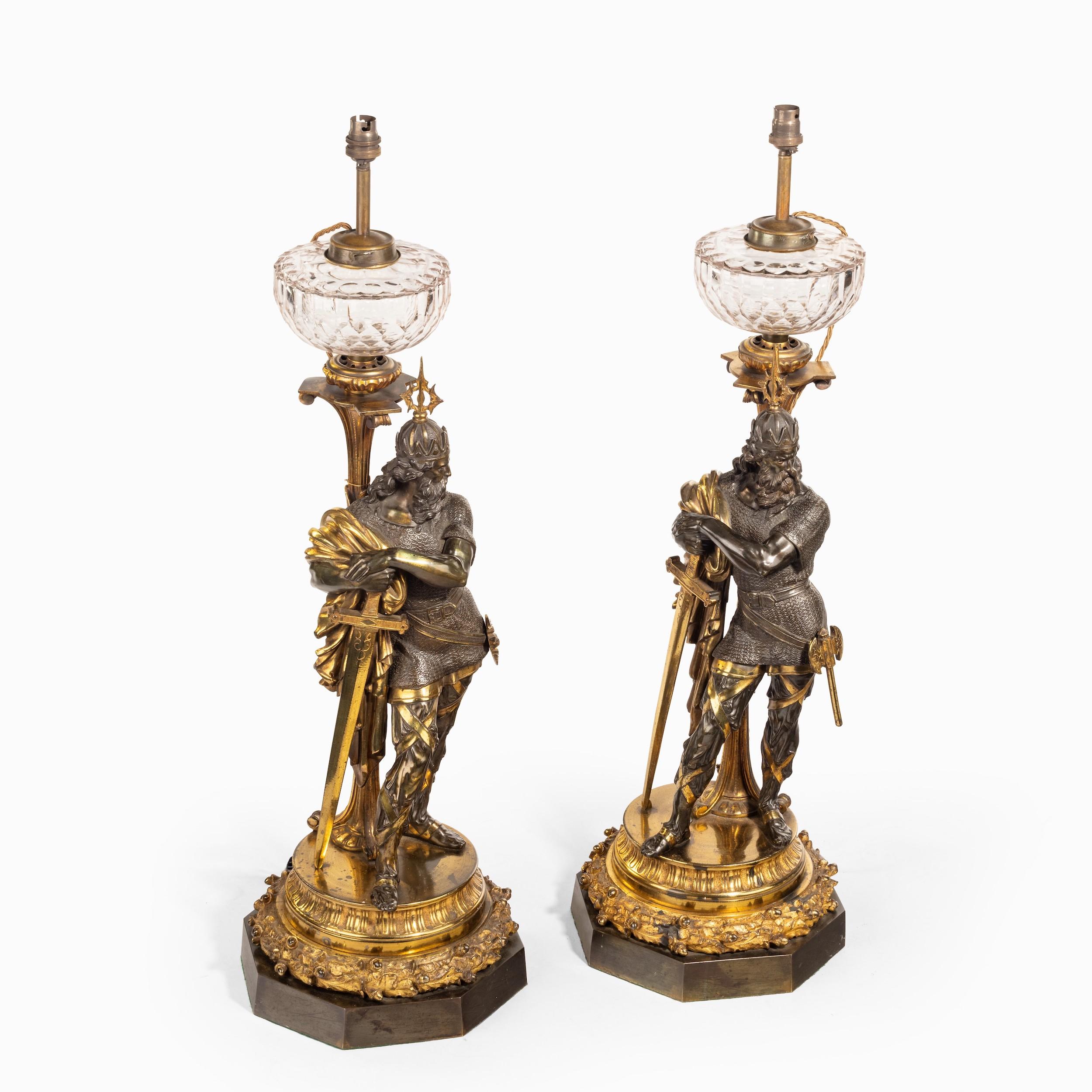 French 19th Century Pair of Bronze Lamps Designed as Medieval Knights