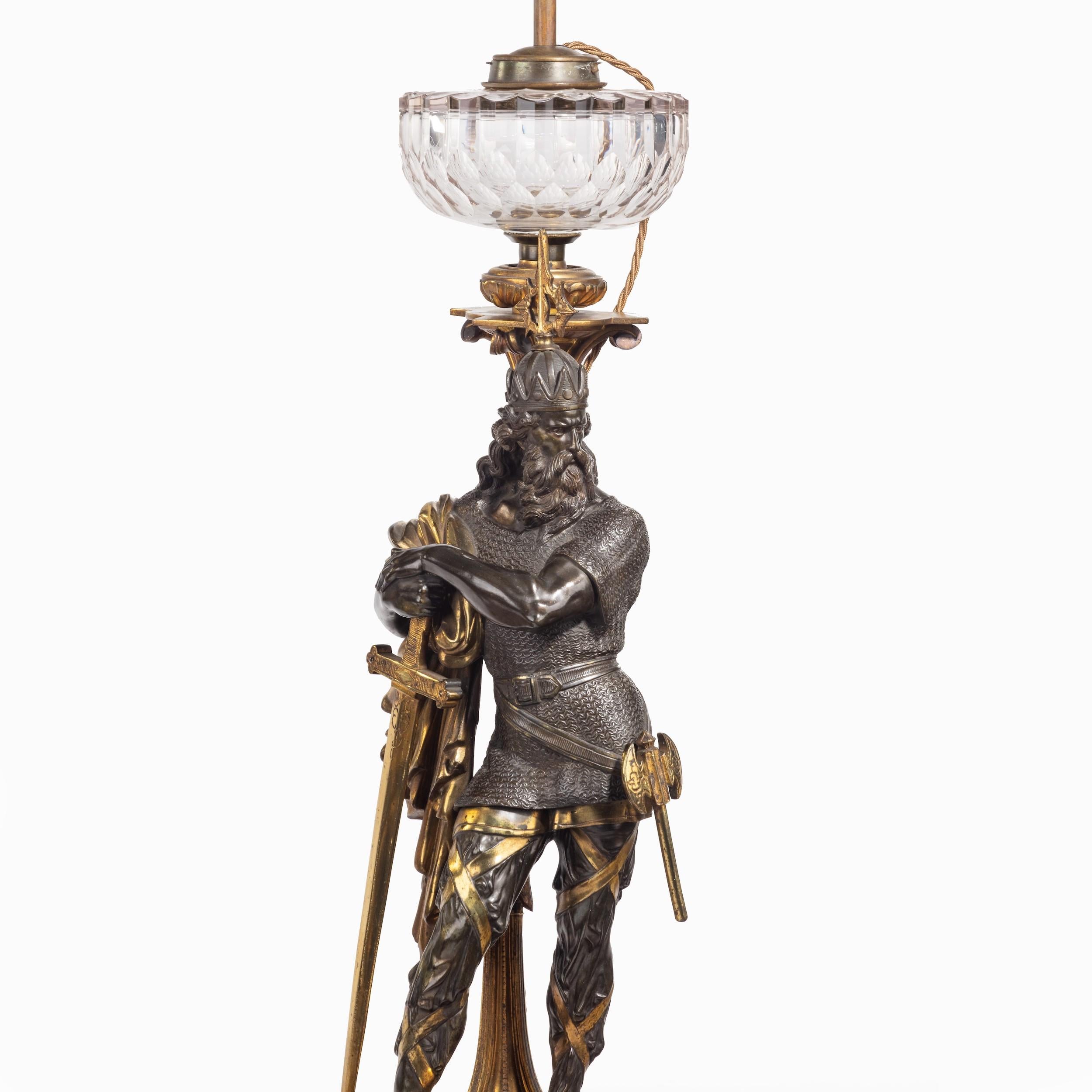 19th Century Pair of Bronze Lamps Designed as Medieval Knights In Good Condition In London, GB