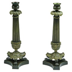 19th Century Pair of Bronze Lion Paw Tripodal Candlesticks