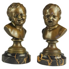 19th Century Pair of Bronze Putti Busts Tragedy and Comedy