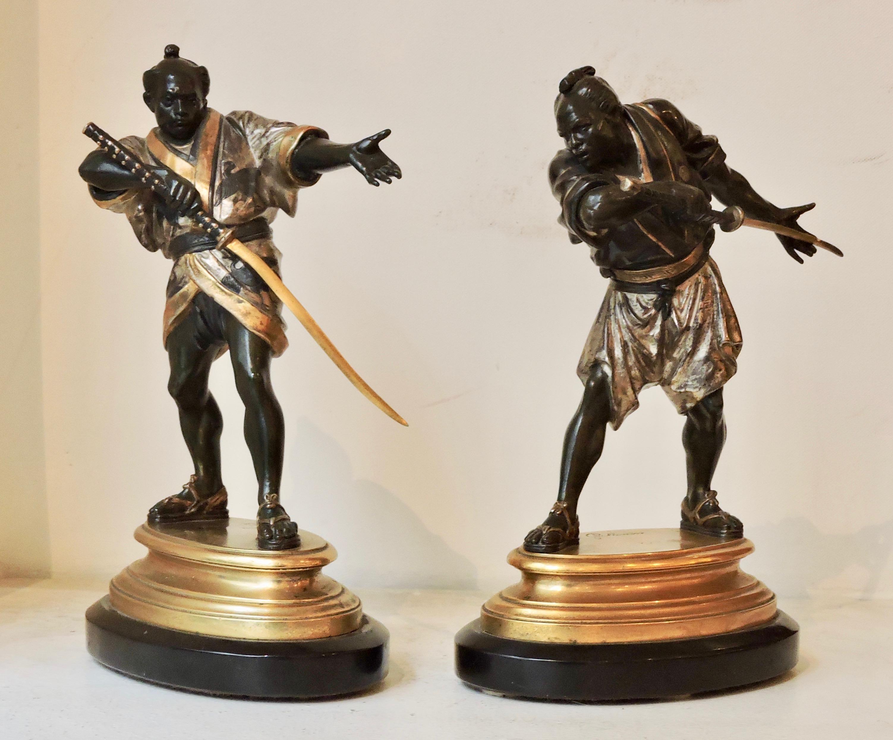 A 19th century very fine pair of bronze Samuraïs Warriors by Emile-Coriolan Hippolyte Guillemin ( 1841-1907)
Very famous orientalist and Japonisme sculptor ( Louvre Museum, Orsay Museum, Paris, France)
Brown, silvered and gilded patinas on a black
