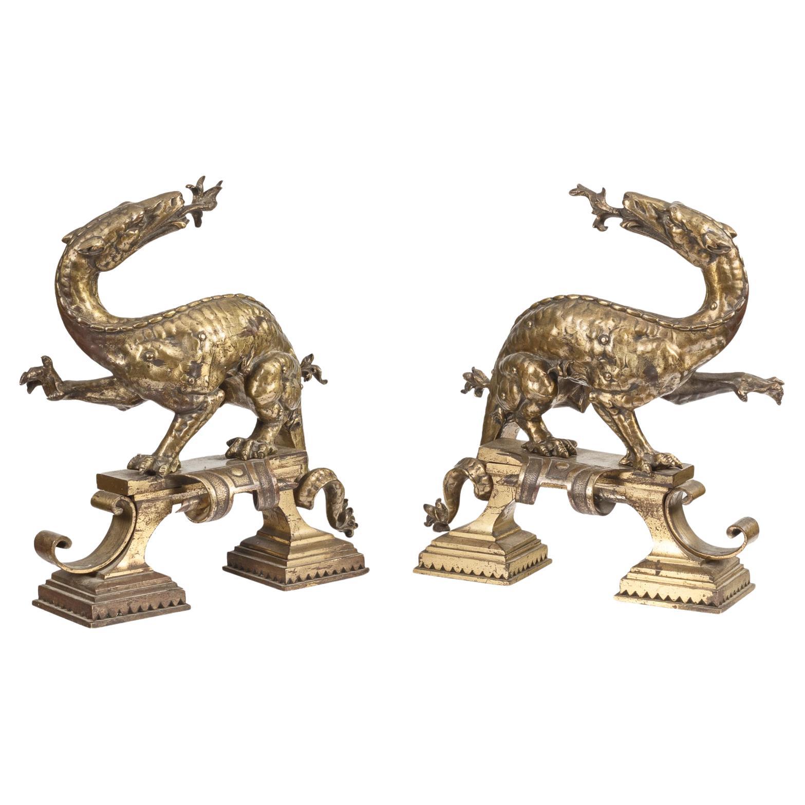 19th Century Pair of Bronze Scottish Dragon Iron Dogs For Sale