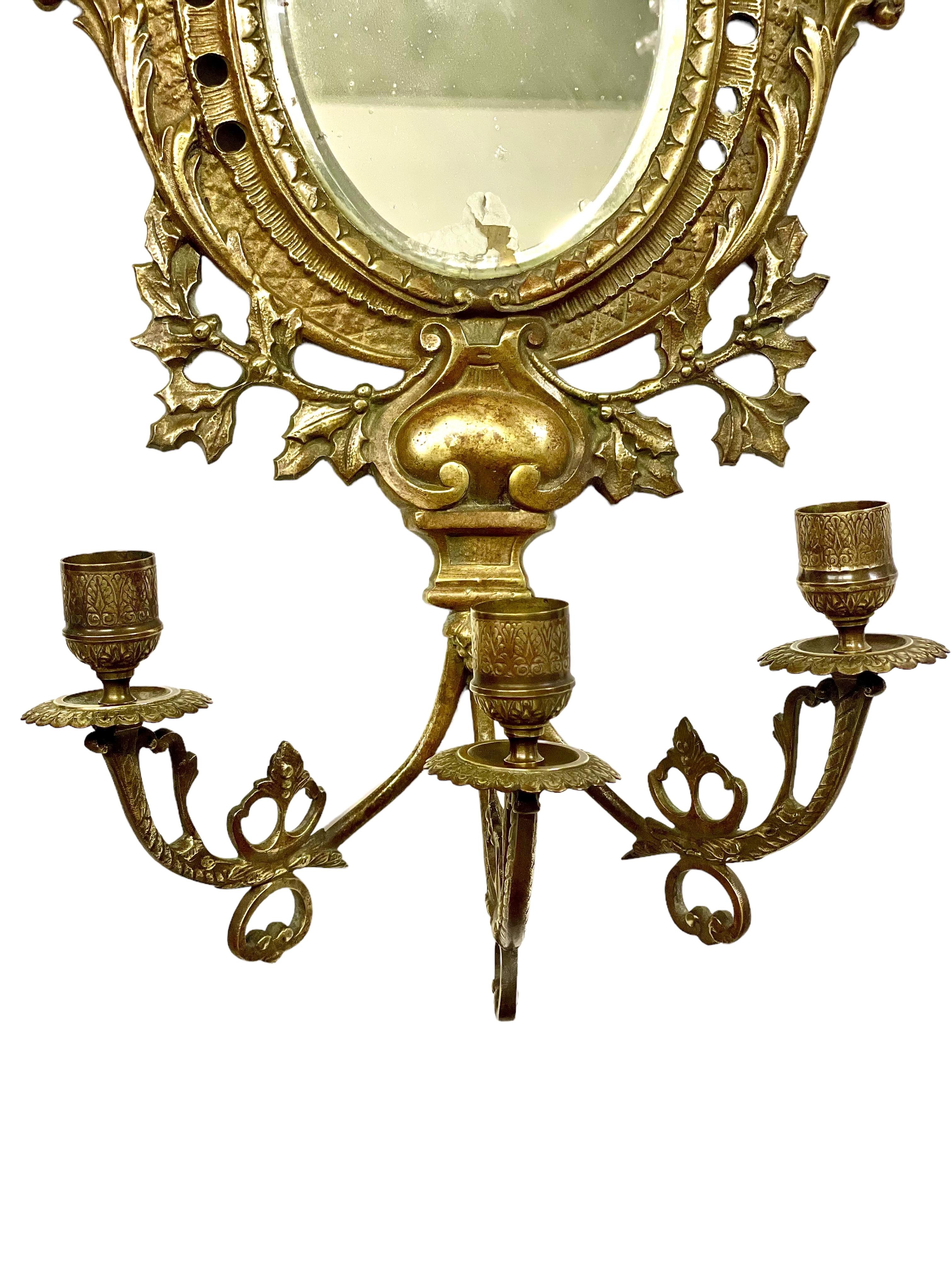 French 19th Century Pair of Bronze Wall Girandole Mirrors Sconces For Sale