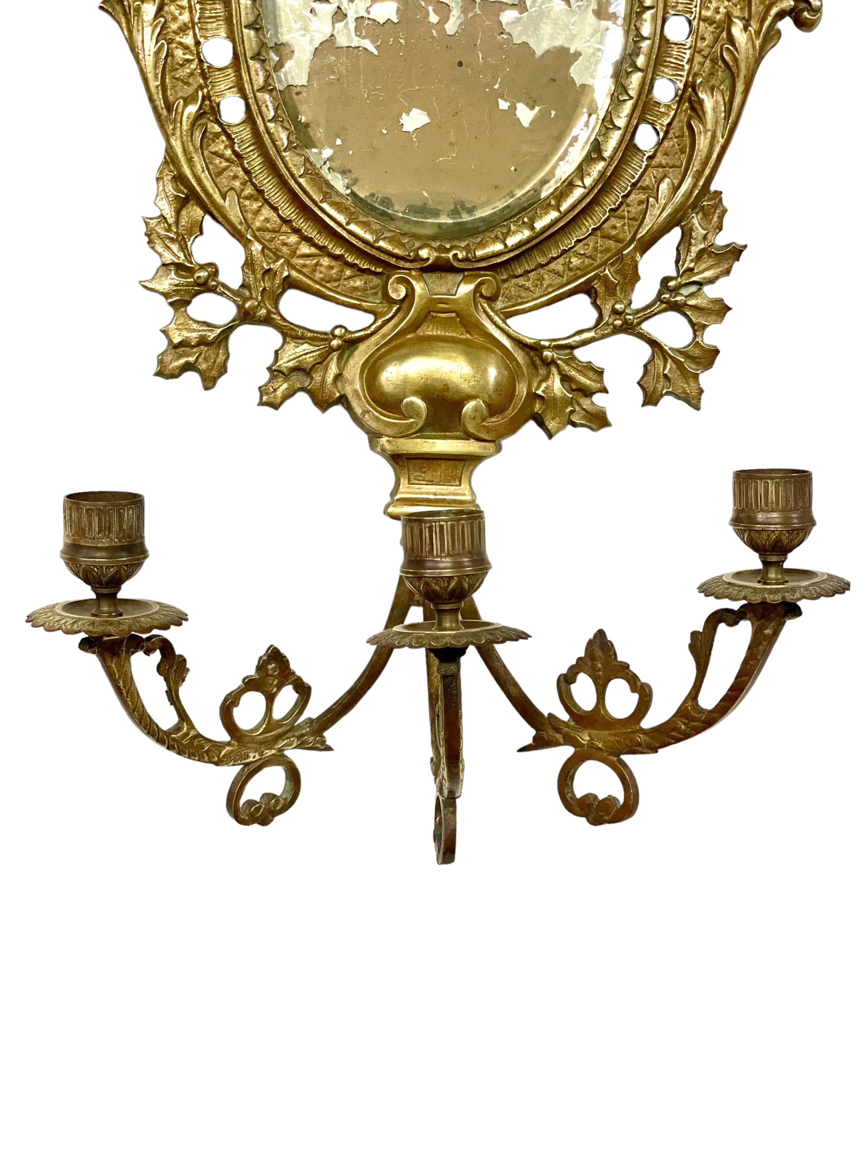 19th Century Pair of Bronze Wall Girandole Mirrors Sconces For Sale 2