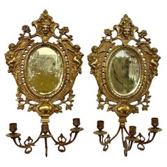 Antique 19th Century Pair of Bronze Wall Girandole Mirrors Sconces