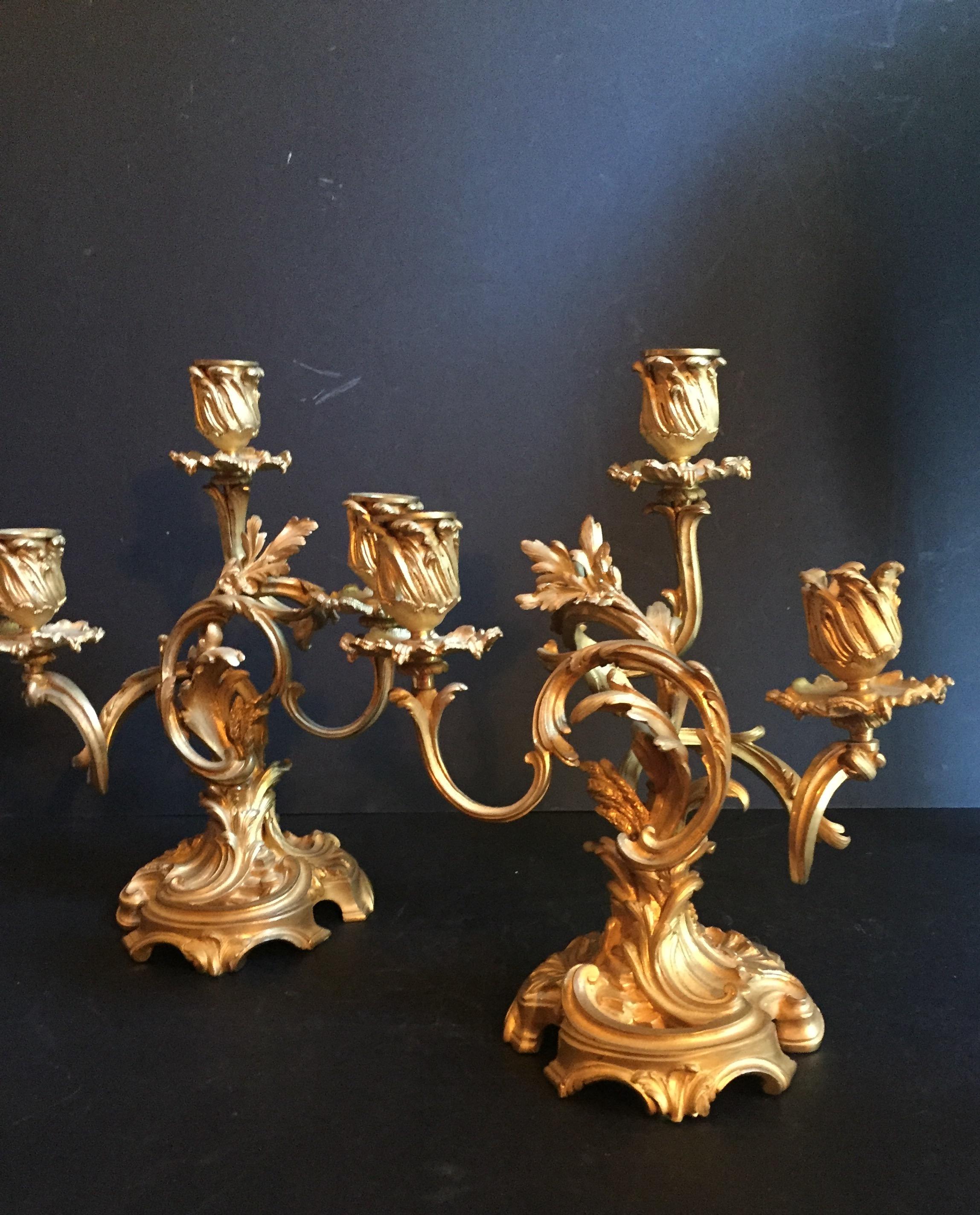 This pair of bronze candelabras are high quality fire gilded with three candle cups each. These 19th century sculptural candle holders are in the Louis XV style. 

Starting at the base are curling floral and leafy branches that twist and turn in a