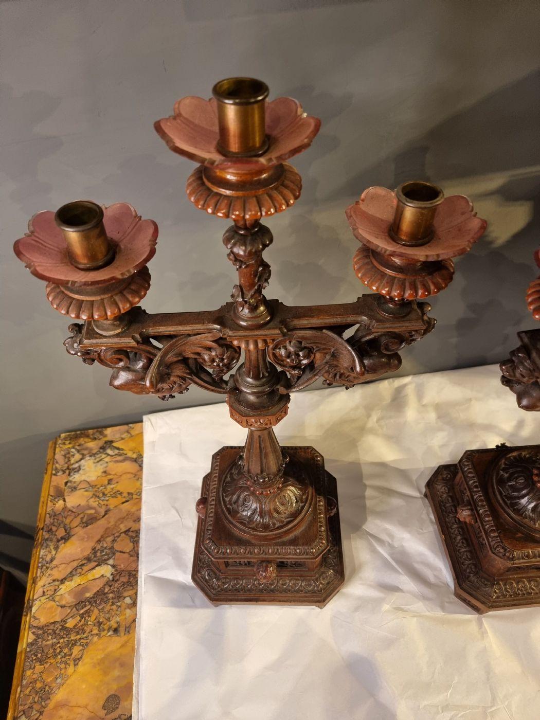 19th Century Pair of Candlesticks in Carved Wood 3