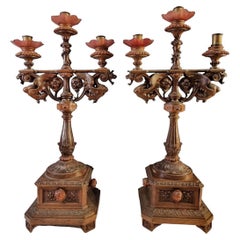 19th Century Pair of Candlesticks in Carved Wood