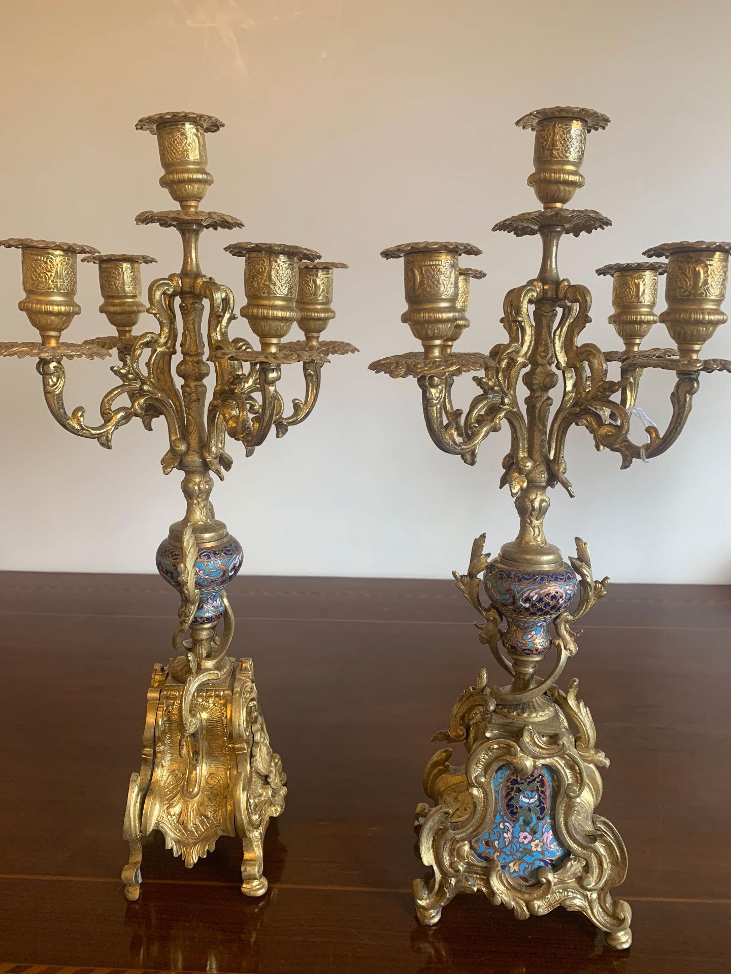 Gilt 19th Century Pair of Candlesticks With Glassonné Inserts For Sale