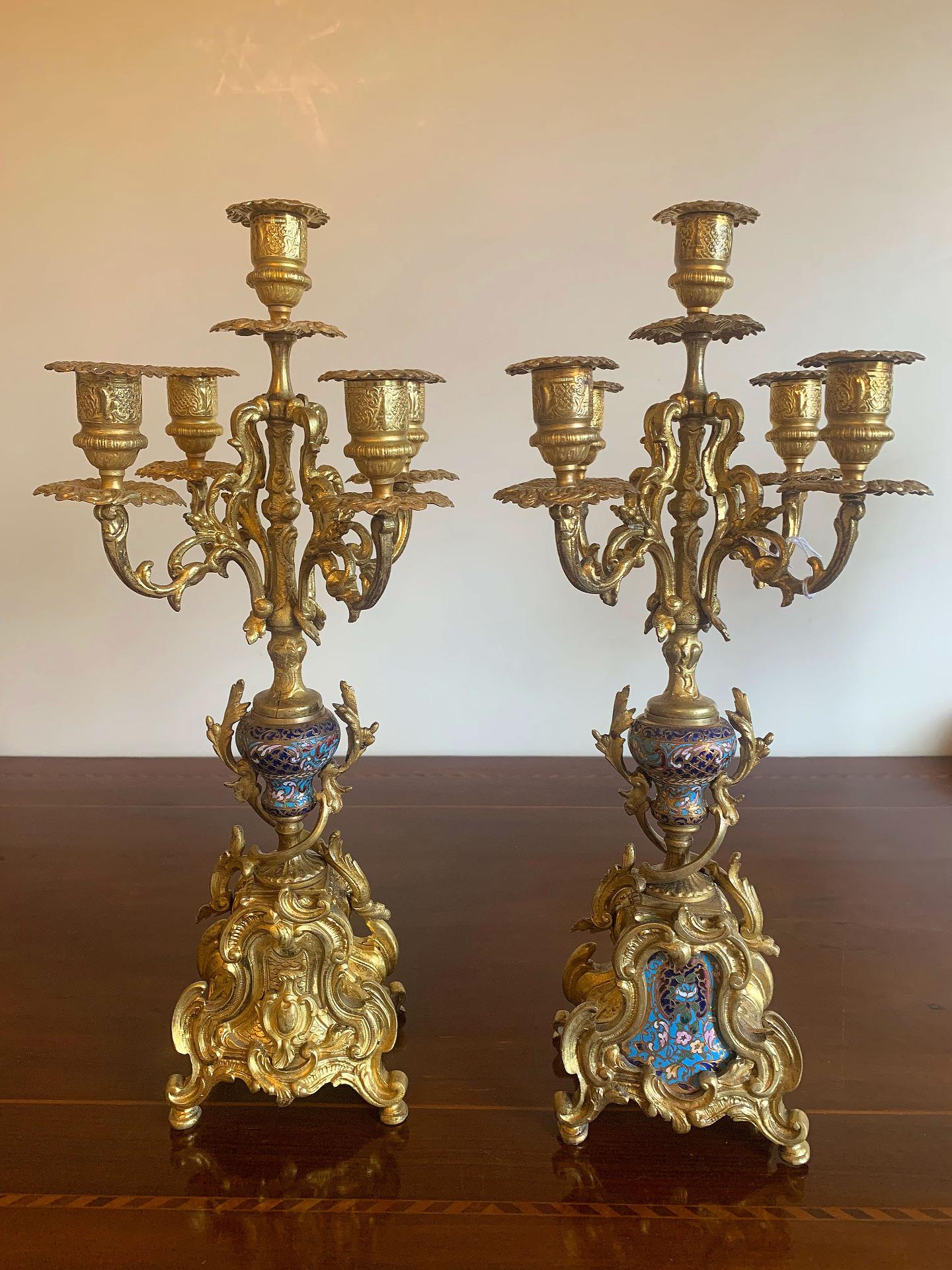 Bronze 19th Century Pair of Candlesticks With Glassonné Inserts For Sale