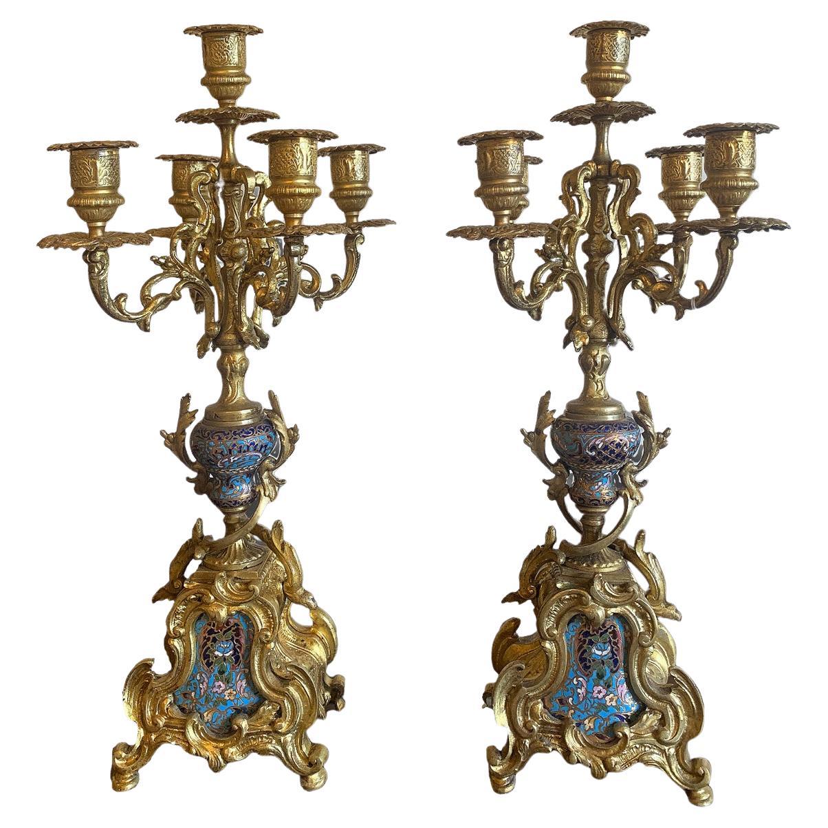 19th Century Pair of Candlesticks With Glassonné Inserts For Sale