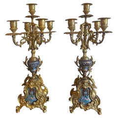 Antique 19th Century Pair of Candlesticks With Glassonné Inserts