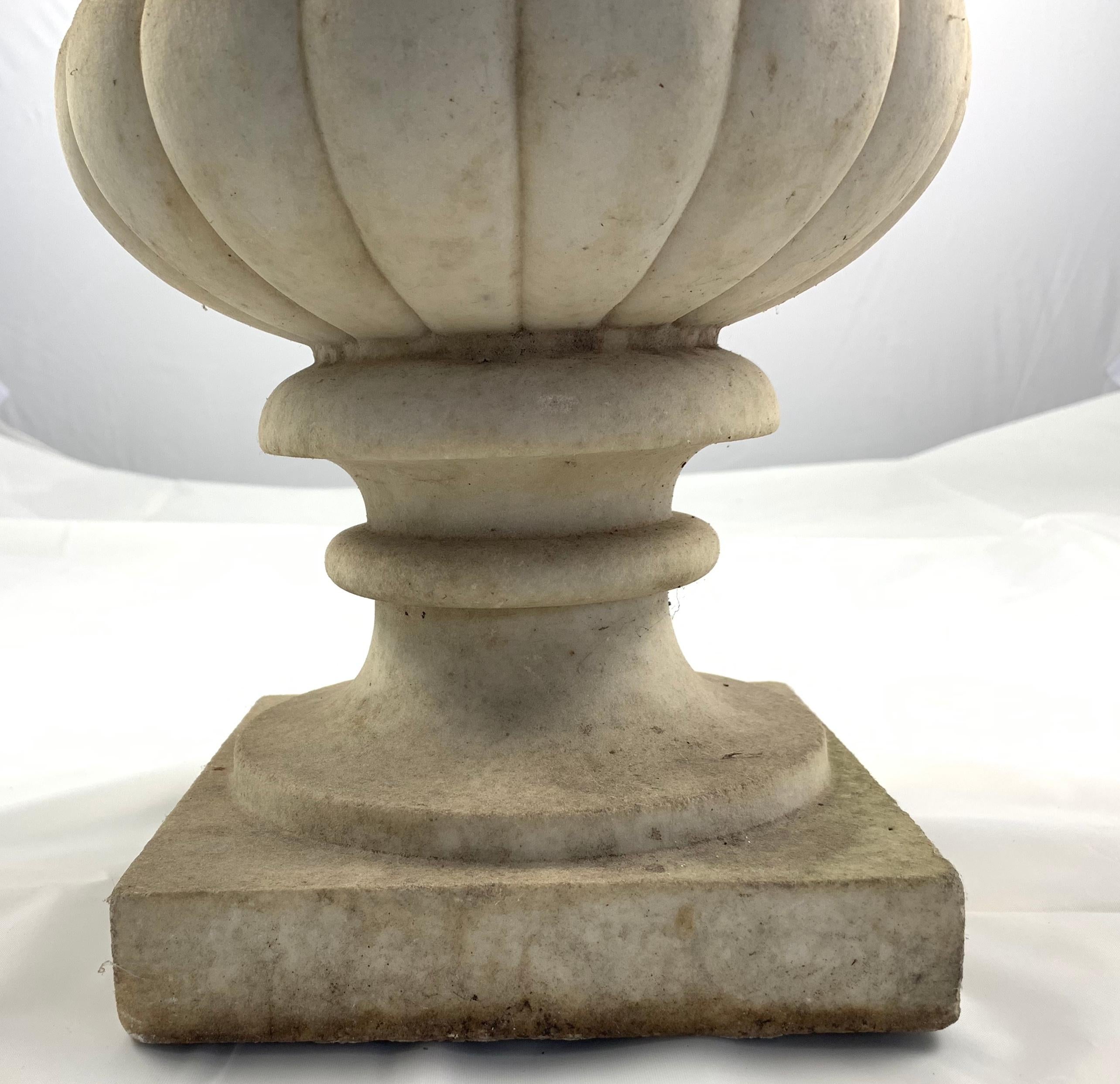 Italian 19th Century Pair of Carrara Marble Campana Shaped Garden Urns For Sale