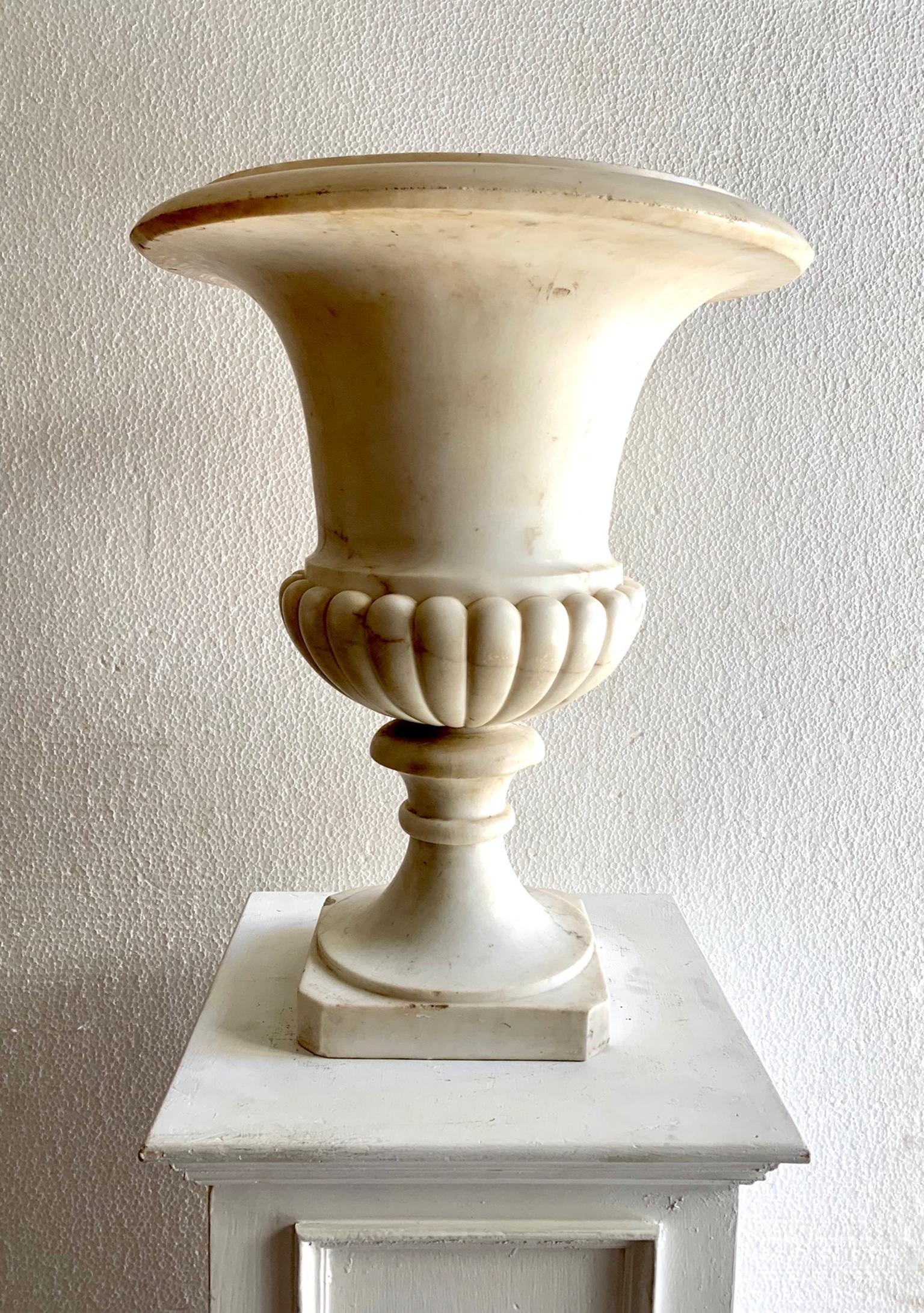 Pair of large and elegant vases or Medici urns, in Carrara marble, with carved decoration in a gallon shape.