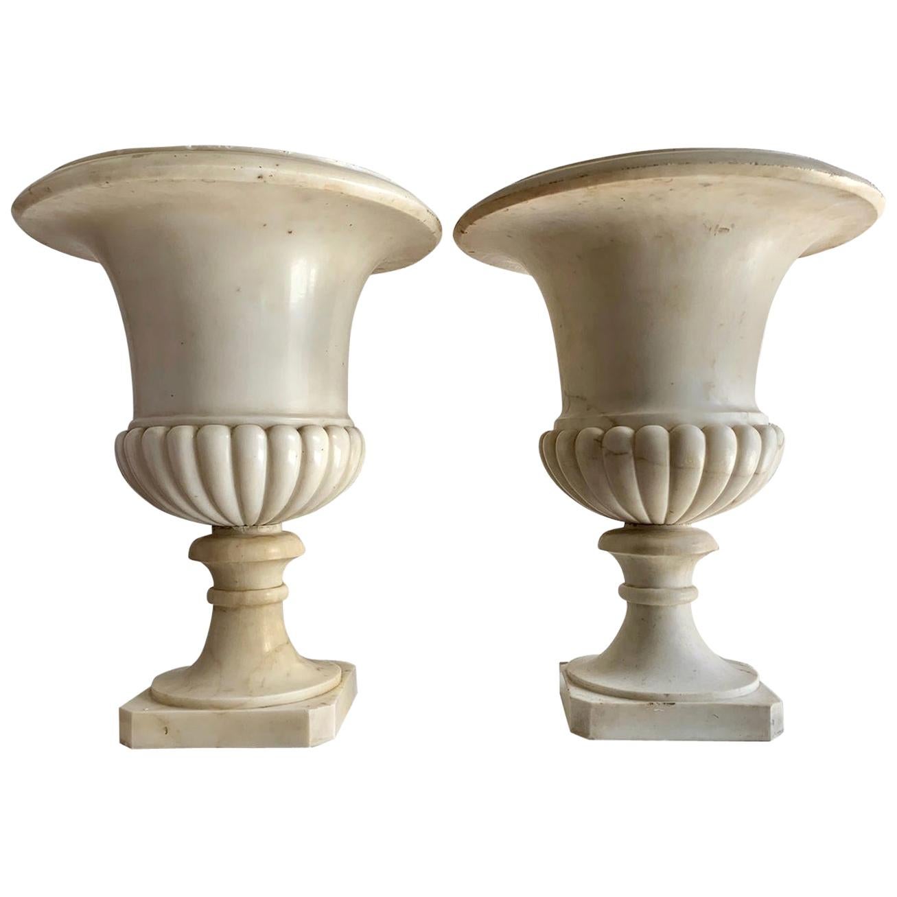  Pair of Carrara Marble Medici Vases or Urns