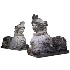 19th Century Pair of Carved Entrance Guardians, Neoclassical Carved Sphinxes