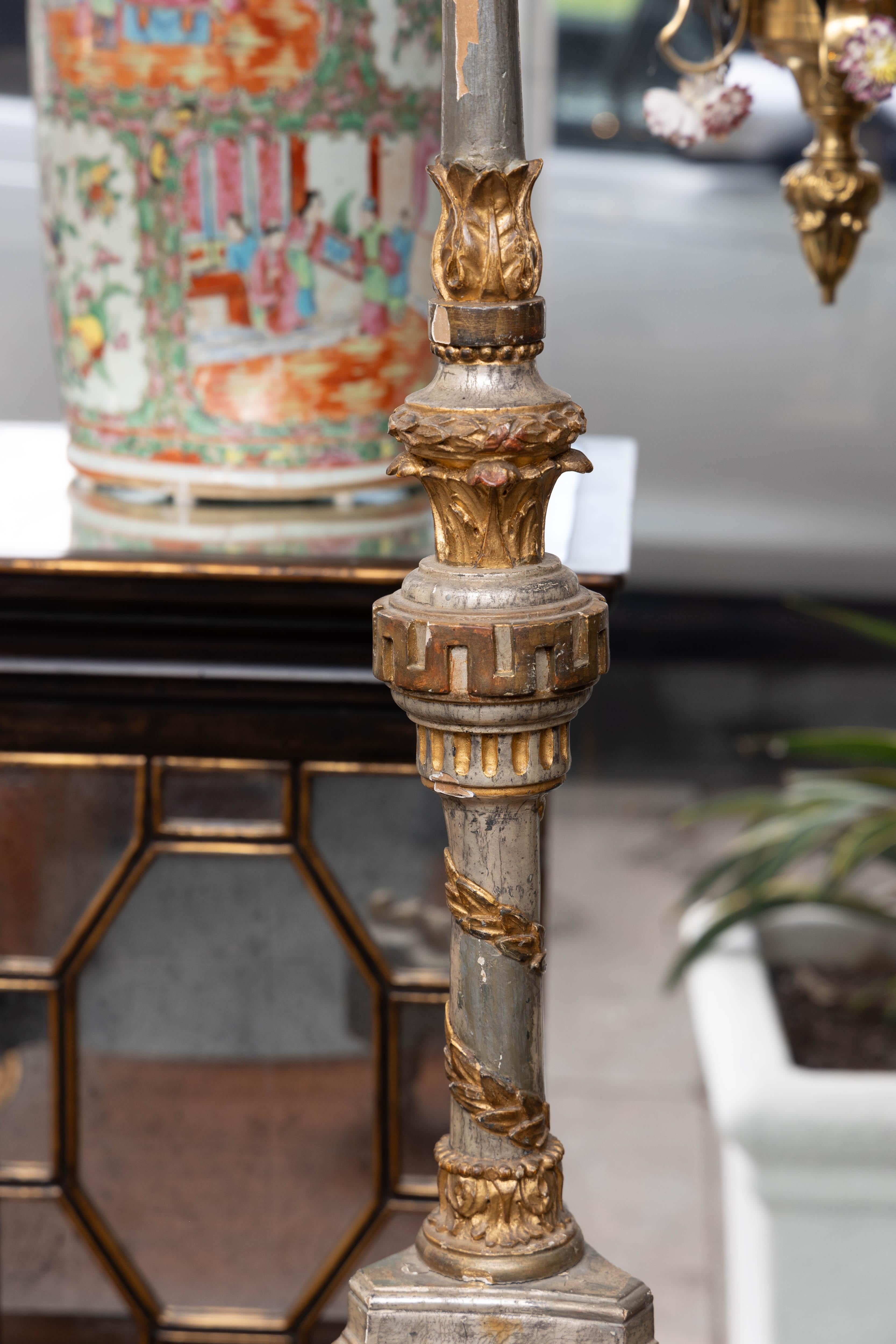 Italian 19th Century Pair of Carved Painted and Gilt Altar Sticks For Sale