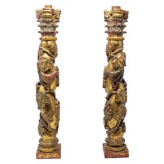 19th Century Pair of Carved Salomonic Gild Wood Spanish Castilian School Columns